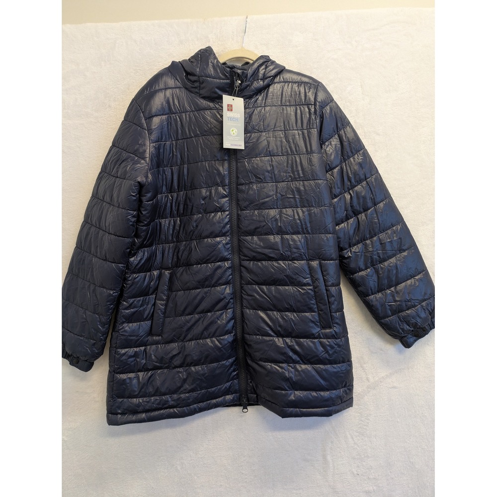 Swiss Tech Girls Mid Length Puffer Jacket Size L 12-14 Navy Blue New with Tags‎